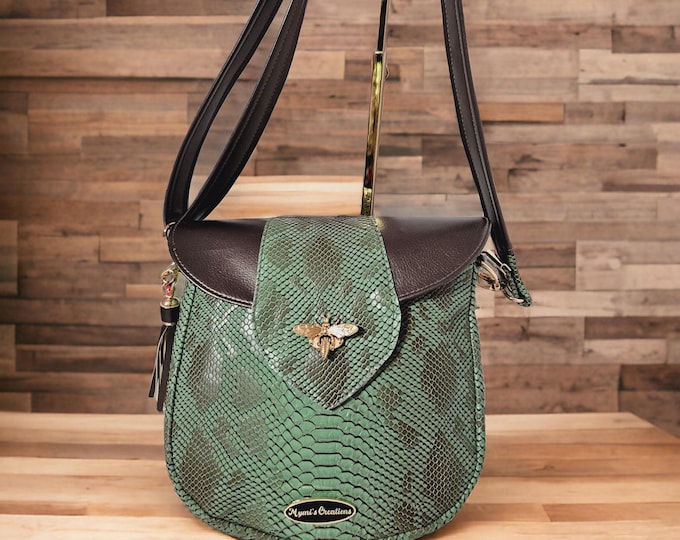 Faux leather green and taupe handmade crossbody bag purse gift for her Mother's Day gifts