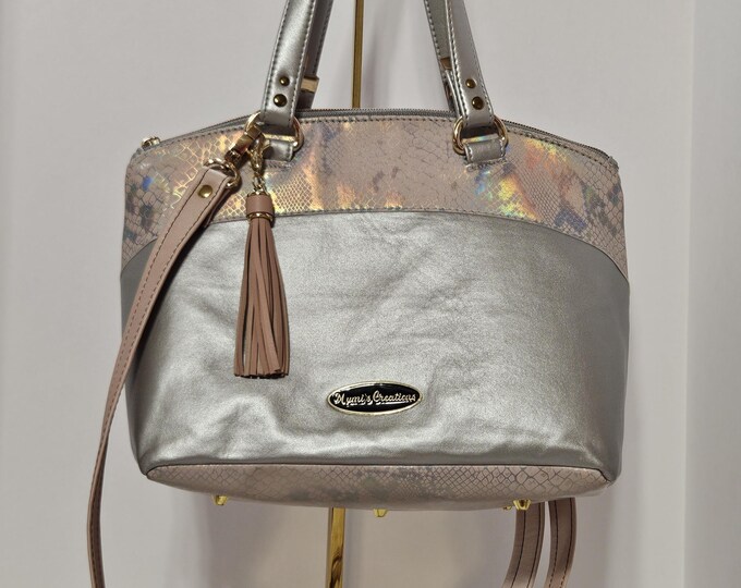 Handmade crossbody tote, bag purse silver pink snakeskin shoulder bag gifts for her Mother's Day gifts