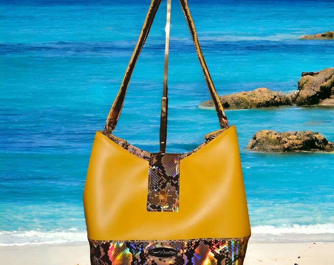 Handmade shoulder bag purse yellow snakeskin accents faux leather Gifts for her Mother's Day