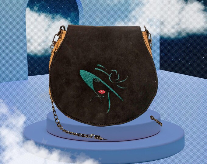 Handmade embroidered crossbody, shoulder bag purse embroidered faux suede flap and cork from Portugal body gifts for her Mother's Day gifts