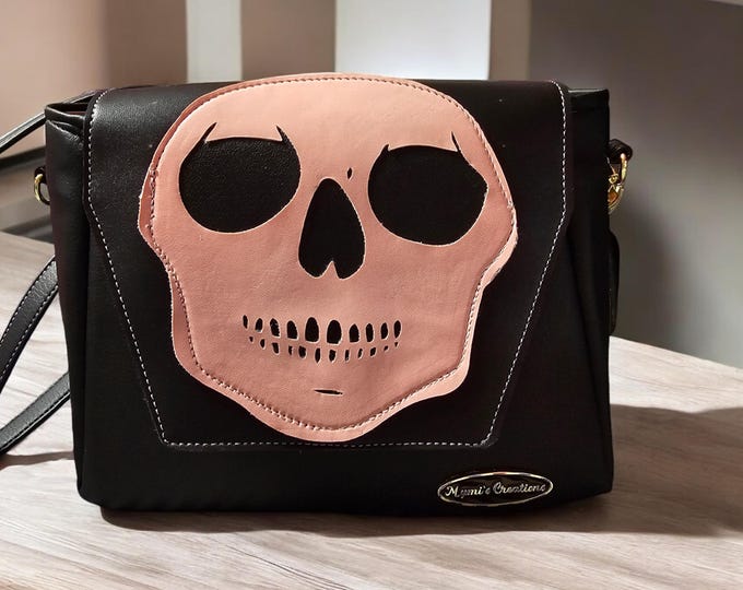 Handmade crossbody shoulder bag Halloween theme skeleton head flap faux leather personalized