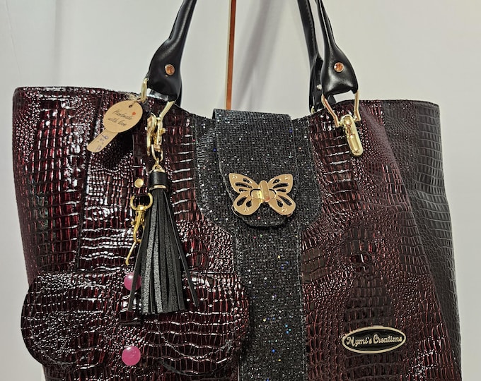 Handmade elegant tote burgundy croc faux leather shoulder bag purse gifts for her Mother's Day