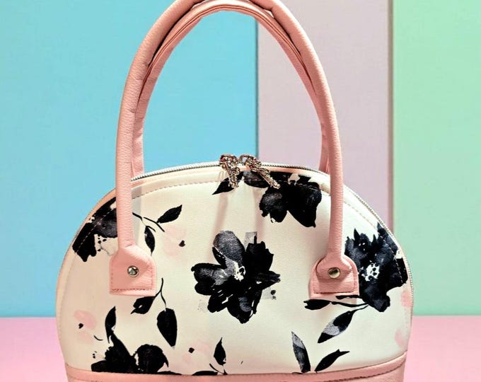 Floral Print Handbag – Pink Faux Leather Purse with Bow Zipper