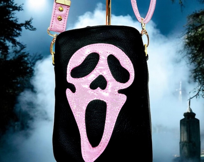 Scream Mask Crossbody Bag: Pink Faux Leather Halloween Purse
