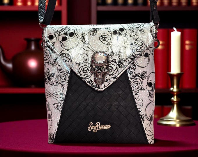 Handmade skulls print crossbody bag gift for her