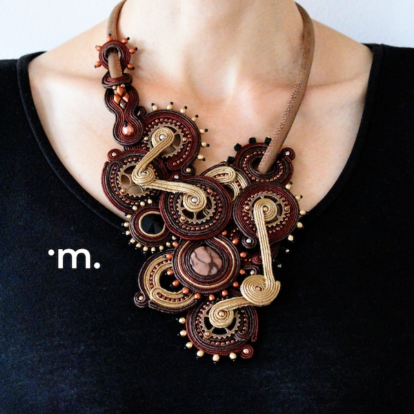 Soutache necklace brown beige steampunk gear necklace, gear jewelry, mechanical necklace, steampunk jewelry brown soutache circles, gears