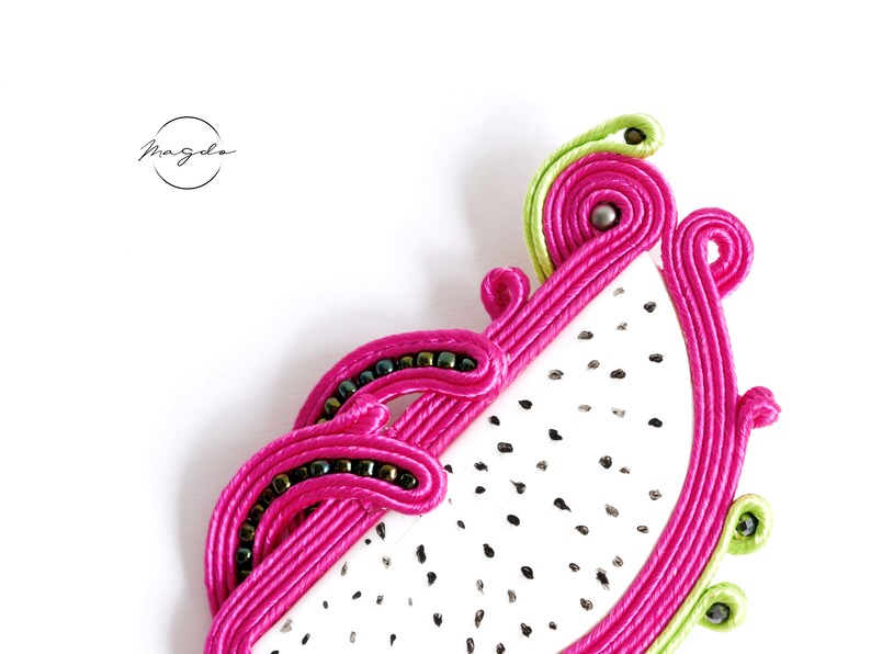 pitaya earrings and pin dragon fruit earrings and pin tropical set Soutache earrings in hot pink and green with matching soutache brooch