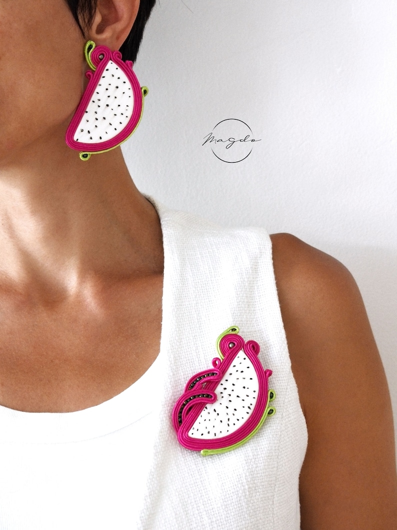 pitaya earrings and pin dragon fruit earrings and pin tropical set Soutache earrings in hot pink and green with matching soutache brooch