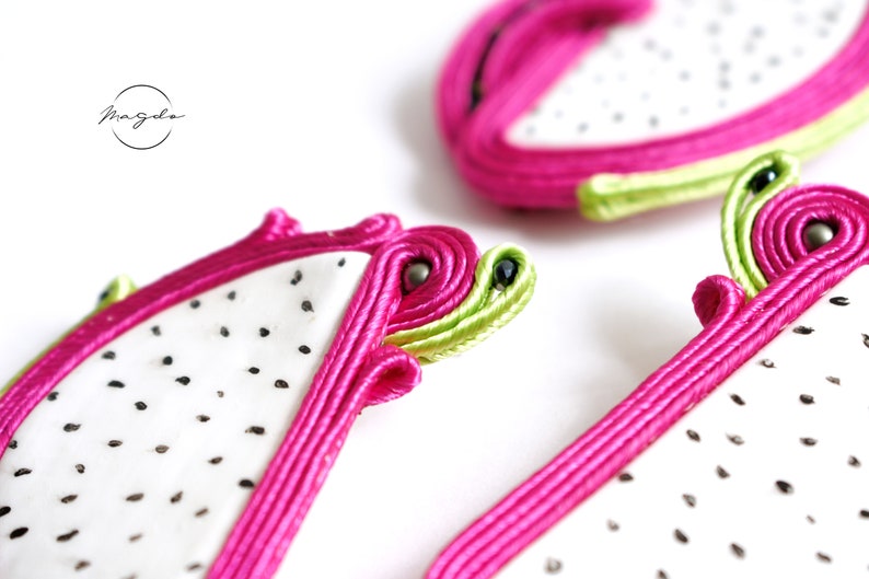 pitaya earrings and pin dragon fruit earrings and pin tropical set Soutache earrings in hot pink and green with matching soutache brooch