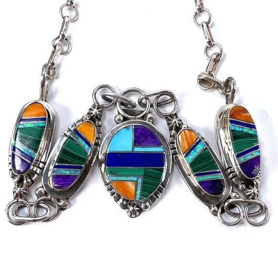 Southwestern Sterling Silver Inlay Necklace 38g 2… - image 5