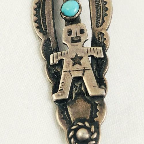 Fred sold Harvey Era Native American Sterling Silver Pin w/ people and Turquoise