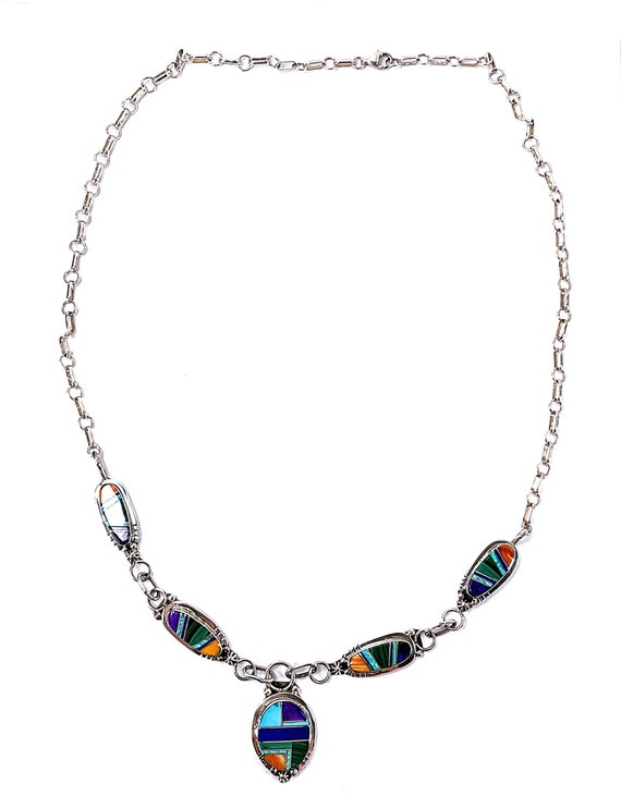 Southwestern Sterling Silver Inlay Necklace 38g 2… - image 2