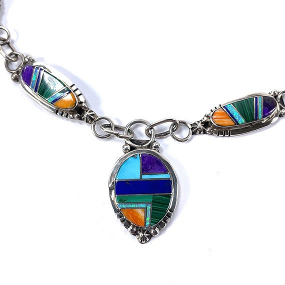 Southwestern Sterling Silver Inlay Necklace 38g 2… - image 4