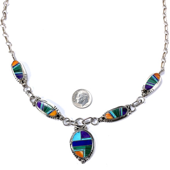 Southwestern Sterling Silver Inlay Necklace 38g 2… - image 9