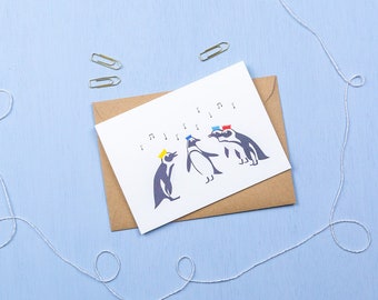 Penguin Carol singing Christmas party- Christmas greetings card