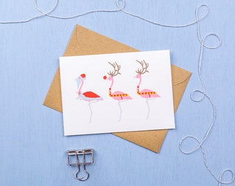 Weihnachtsflamingos- Santa & Rentier Flamingo Weihnachtskarte