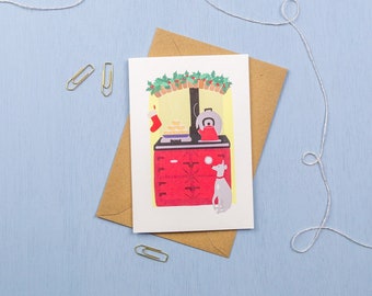 Christmas stove in red with Whippet- Christmas greetings card