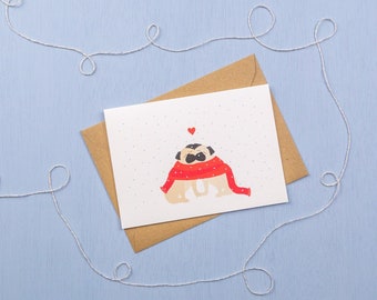 Christmas Pug love in the snow greetings card