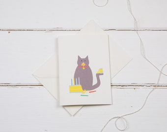 Cat with birthday cake card- cat birthday greetings card