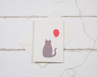 Cat birthday card- cat with balloon birthday greetings card