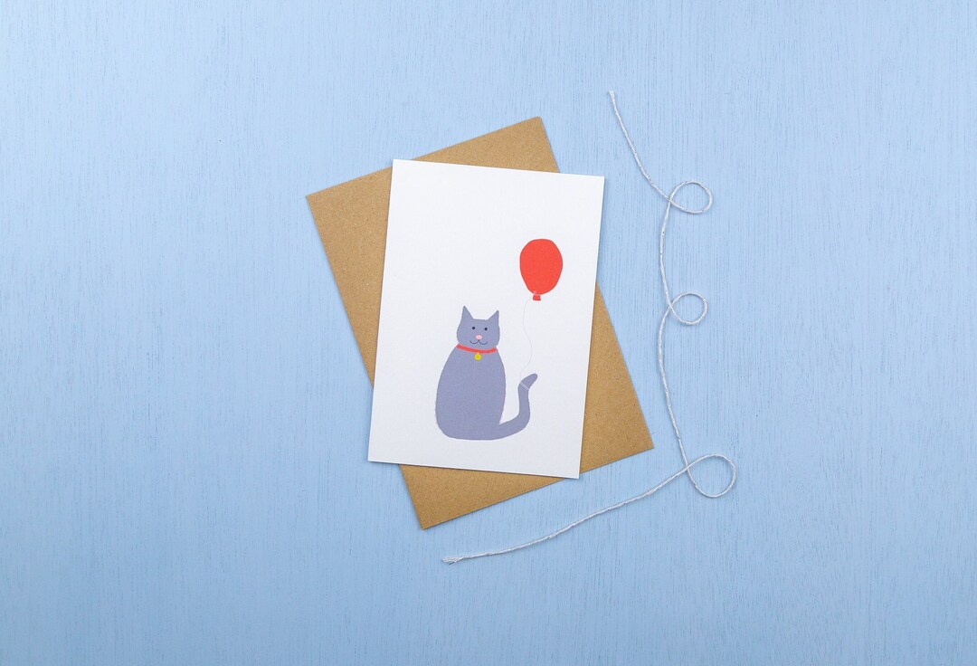 Cat Birthday Card- Cat With Balloon Birthday Greetings Card - Etsy
