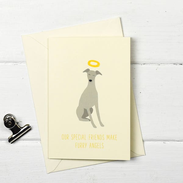 Dog pet sympathy- Grey whippet pet loss- greetings card- Furry Angel- choose your wording