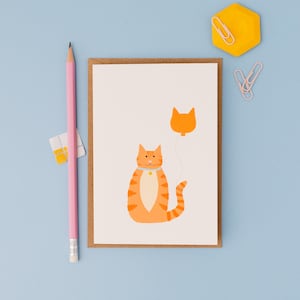 Cat with cat balloon- ginger tabby cat birthday card