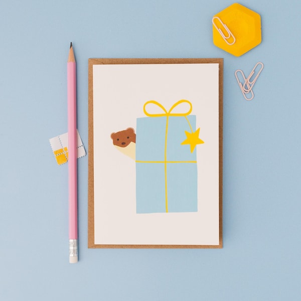 Peeping weasel with present birthday card