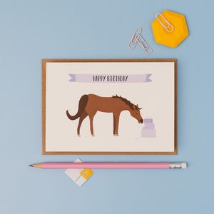 Horse birthday card- horse with birthday cake- farm birthday- horse birthday greetings card