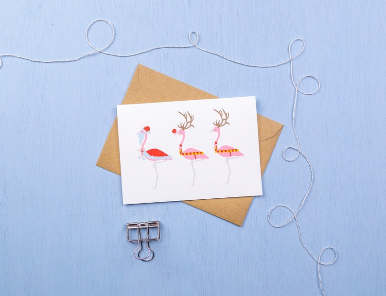 Christmas flamingos Santa & Reindeers flamingo Christmas card image 1