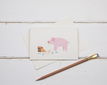 Pig birthday card- pink pig with birthday cake- farm birthday- pig birthday greetings card