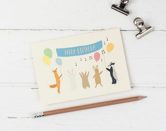 Woodland animal party birthday greetings card