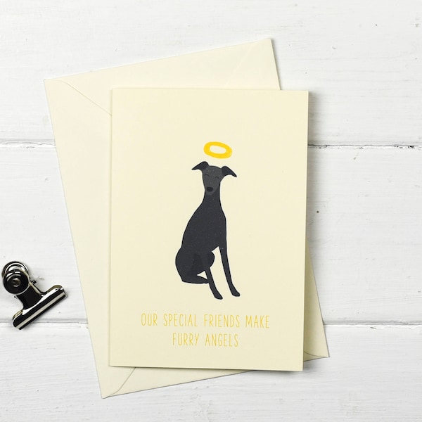 Dog pet sympathy- Black whippet- greetings card- Furry Angel- choose your wording