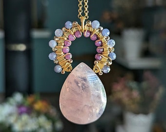 Rose Quartz Halo Necklace in Gold > Large, Pink Rose Quartz w/ Tanzanite and Purple Ruby & 24kt Gold Hoop