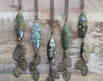 Rhyolite Jasper Necklace with Brass Leaf Tassel - Rainforest Jasper Gemstone Necklace with Leaf Dangles