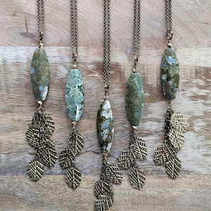 Rhyolite Jasper Necklace with Brass Leaf Tassel - Rainforest Jasper Gemstone Necklace with Leaf Dangles