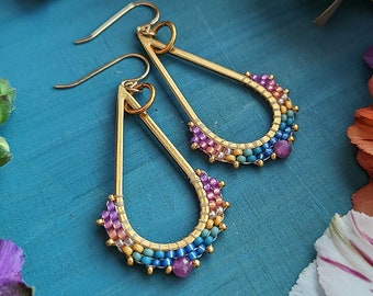 Beaded Teardrop Earrings in Gold > Summer Dawn Colorway - Woven Teardrops with Ruby Accent