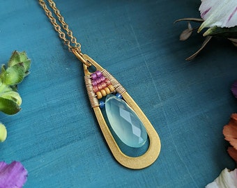 Beaded Aqua Chalcedony Teardrop Necklace in Gold > Summer Dawn Colorway - Glowing Aqua Gem in Brass Teardrop with Purple to Gold Ombre