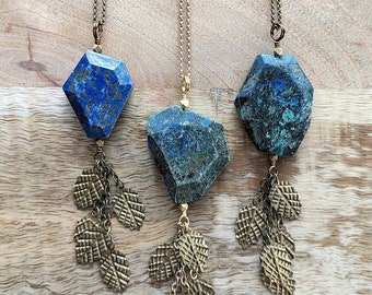 Chunky Gemstone Necklace with Brass Leaf Tassel >> Lapis Lazuli or Chrysocolla Stone with Brass Leaf Dangles