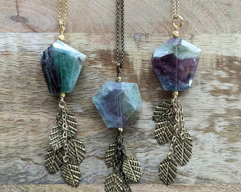 Fluorite Gemstone Necklace with Brass Leaf Tassel >> Green and Purple Stones with Brass Leaf Dangles