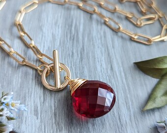 Simple Ruby Red Quartz Briolette Necklace >> Wire Wrapped Gem with Front Clasp on Paperclip Chain