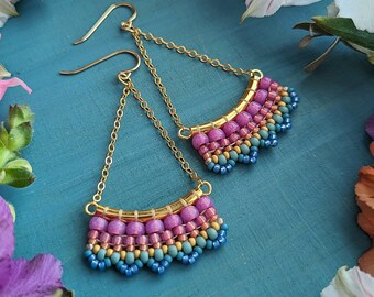 Summer Dawn Boho Sway Earrings > Bright Vibrant Colors, Lilac, Pink, Orange, Turquoise, Blue Ombre