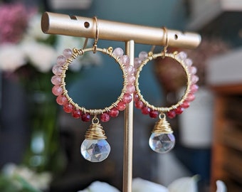 Strawberry Quartz Gemstone Hoop Earrings with Aura Quartz Drops > Gold Hoops Beaded w/ Pink and Red Strawberry Quartz Gems