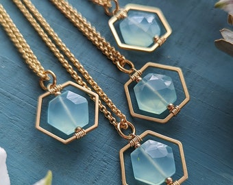 Aqua Chalcedony Hexagon Necklace - Dainty Glowing Blue Green Gem in a Satin Gold Hexagon Frame