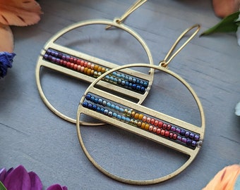 Beaded Disco Hoop Earrings in Gold > Firebird Colorway - Circle Drop Earrings w/ Purple, Red, Goldenrod, Turquoise, Blue Boho Ombre, Rainbow