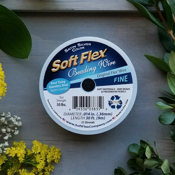Fine SoftFlex Beading Wire > Satin Silver, .014 diameter, 10, 30, 100 ft - Nylon Coated Stainless Steel Flex Wire, High Quality, Made in USA