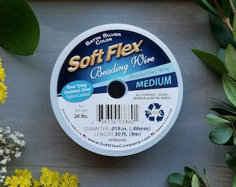 Medium SoftFlex Beading Wire - Satin Silver, .019 diameter, 10, 30 or 100 ft - Nylon Coated Stainless Steel Wire, High Quality, Made in USA