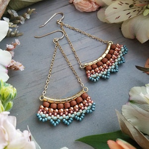 Sedona Boho Sway Earrings > Warm, Southwest Colors, Terra Cotta, Copper, Pearl, Turquoise > Bohemian, Beaded Lace Earrings