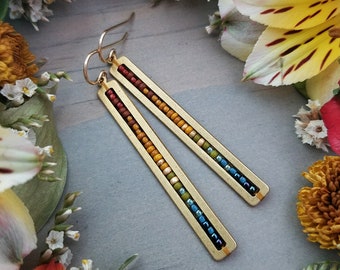 Beaded Stick Earrings in Gold &gt;&gt; Red, Burnt Orange, Gold, Olive, Turquoise, Blue Ombre &gt; Boho, Geometric - Autumn Rainbow Colorway