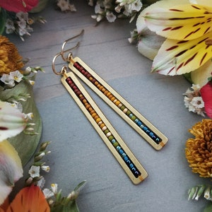Beaded Stick Earrings in Gold &gt;&gt; Red, Burnt Orange, Gold, Olive, Turquoise, Blue Ombre &gt; Boho, Geometric - Autumn Rainbow Colorway